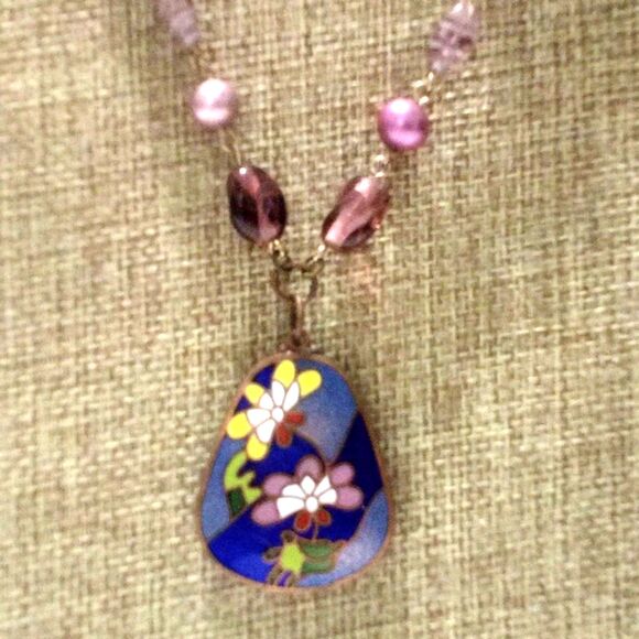 Vintage Sarah Coventry "Lotus Blossom" Cloisonne Enamel Pendant Necklace 1979 - Picture 1 of 7